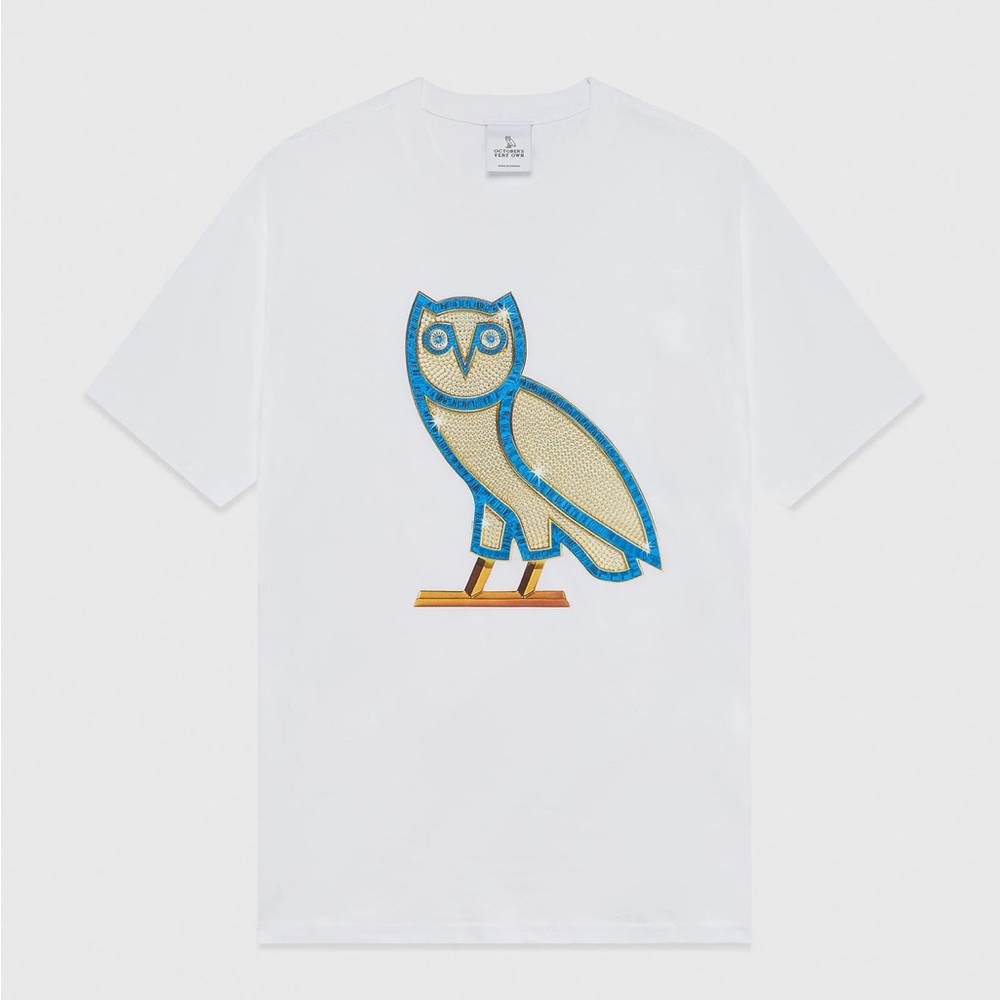 White T-Shirt with Blue and Gold Owl Design